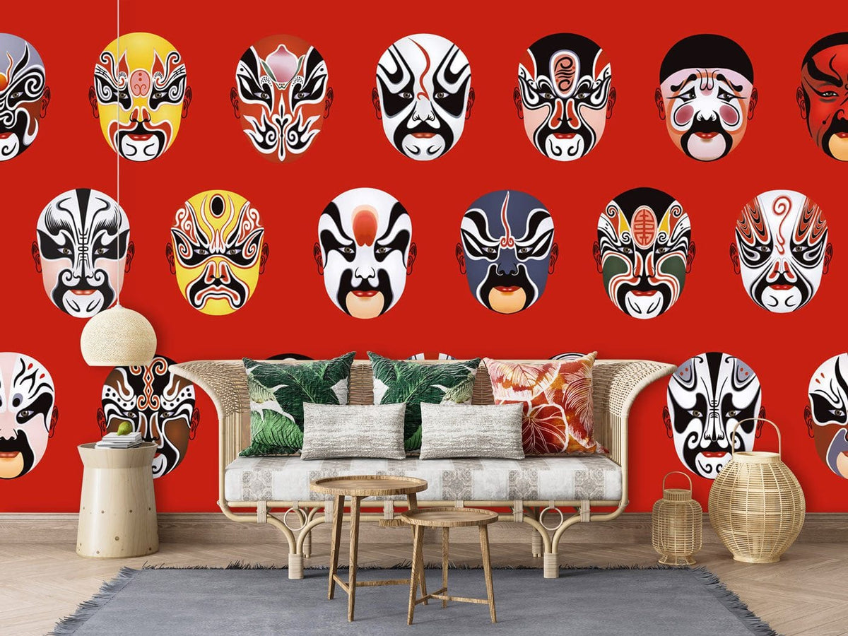 Vibrant red opera mask wallpaper, oriental decor, wicker sofa, wooden flooring, modern room design.