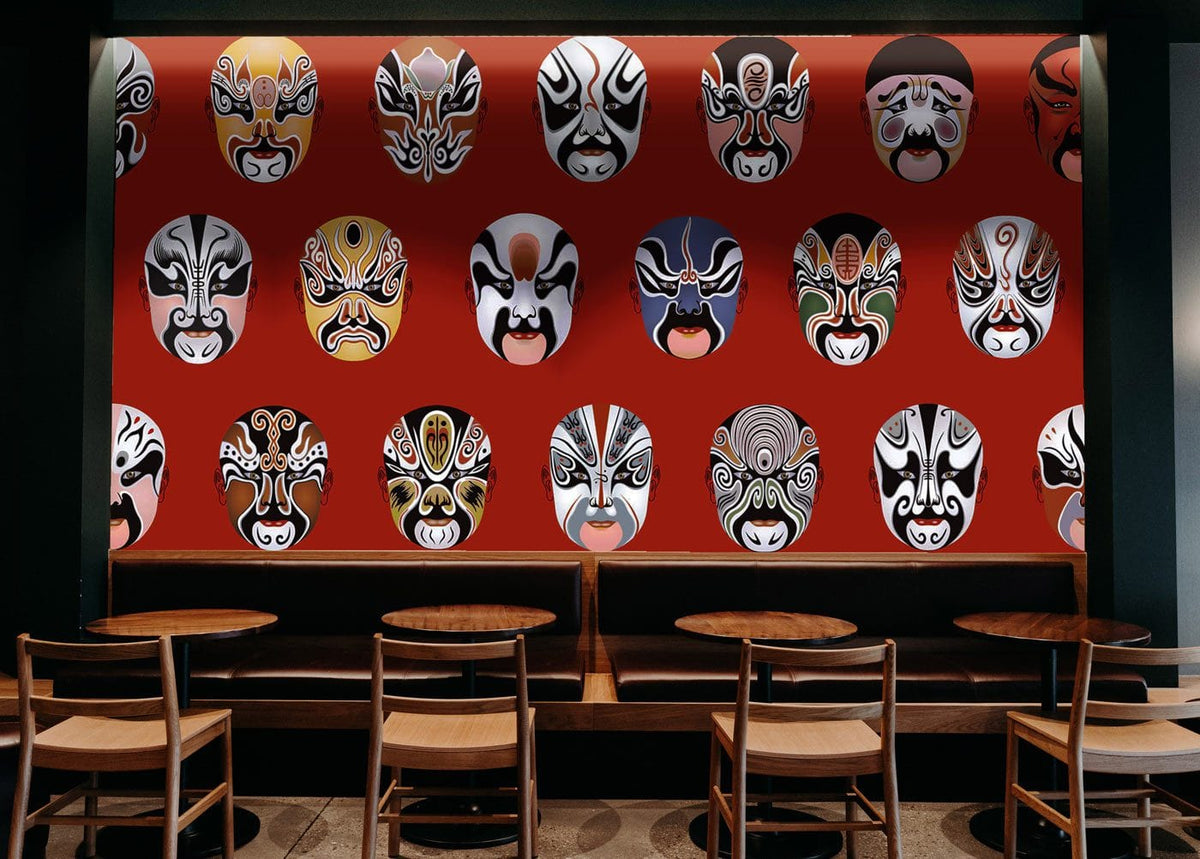 Vibrant red Peking Opera masks wallpaper in café with wooden chairs and tables, enhancing oriental decor.