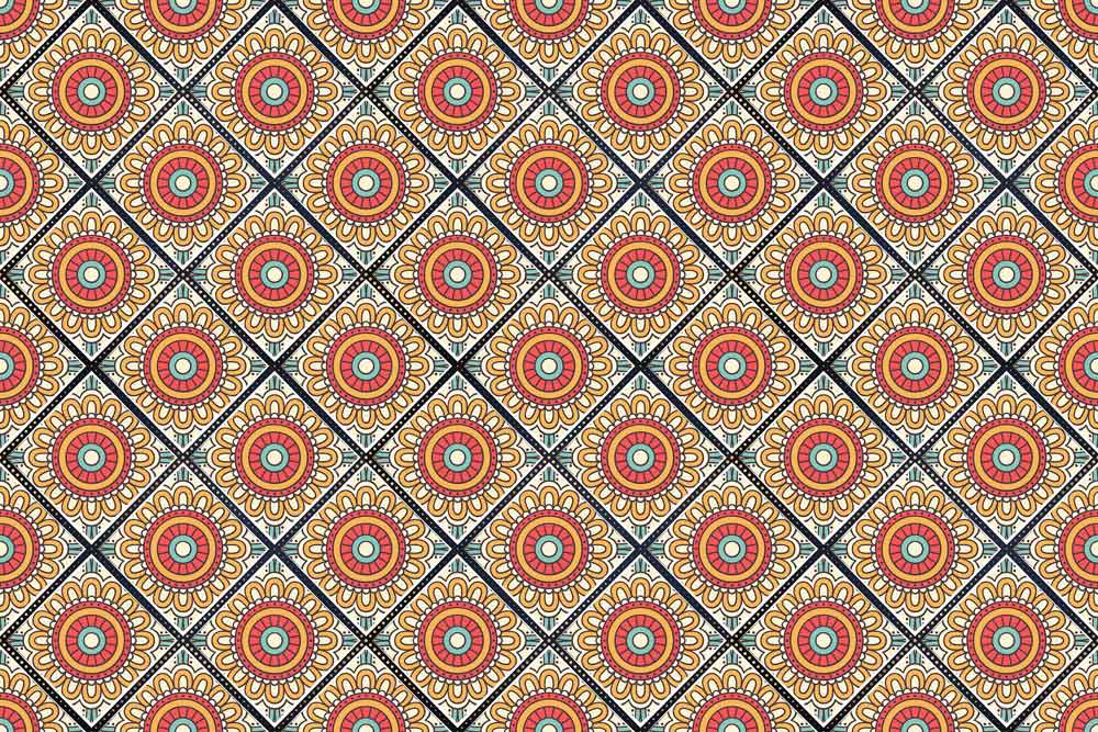 Retro Geometric Floral Wallpaper in Vibrant Red and Yellow Pattern Design