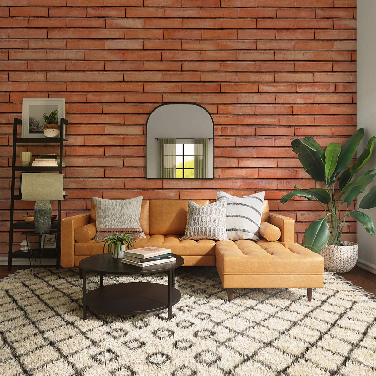 Rustic terracotta brick wall, industrial decor, cosy sofa, patterned rug, living room setting, modern style.