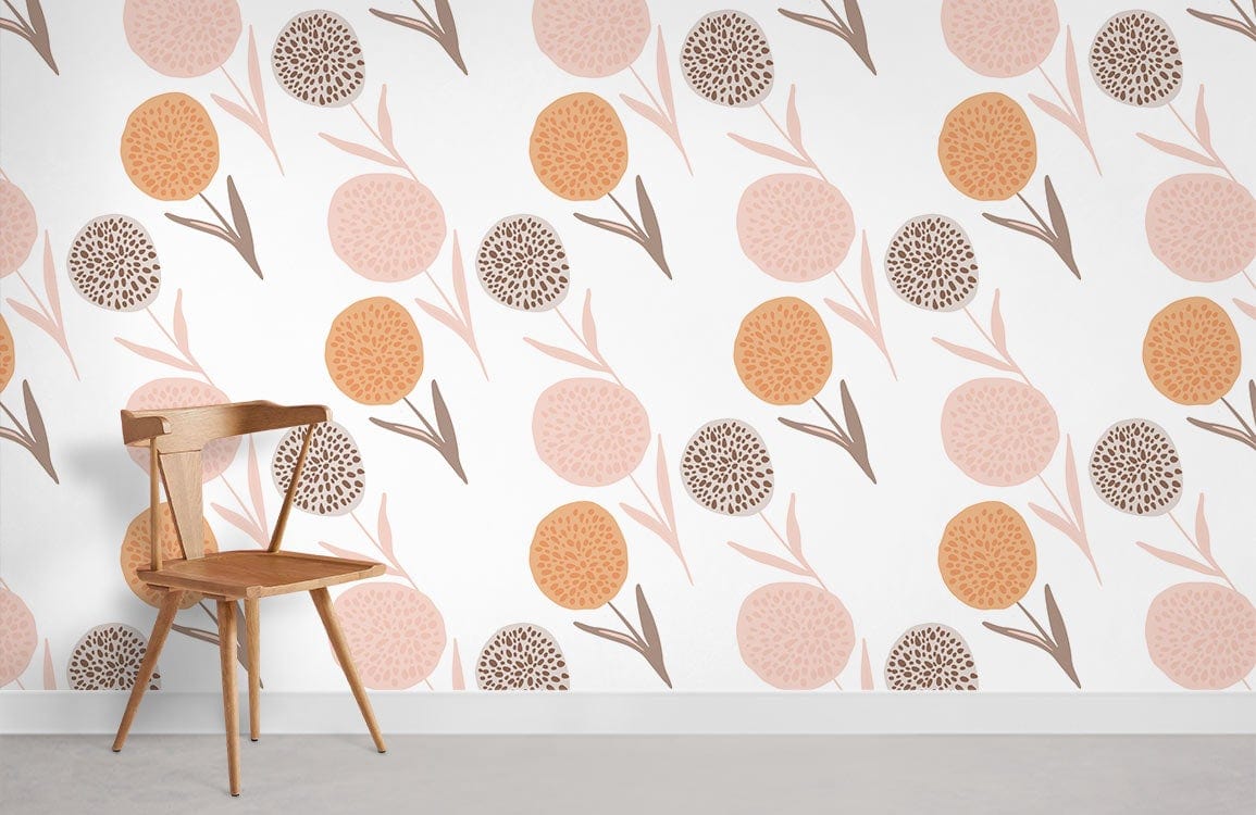 Retro floral pastel wallpaper featuring orange, pink geometric pattern; wooden chair, minimalistic room Décor.