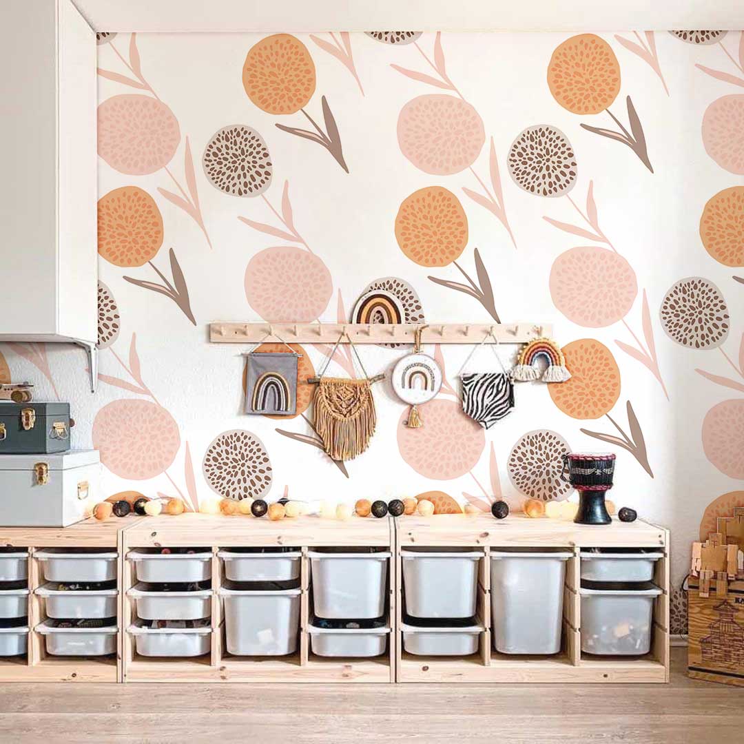 Retro Floral Pastel Wallpaper, orange-pink geometric pattern, modular storage, light wood flooring, playroom decor.