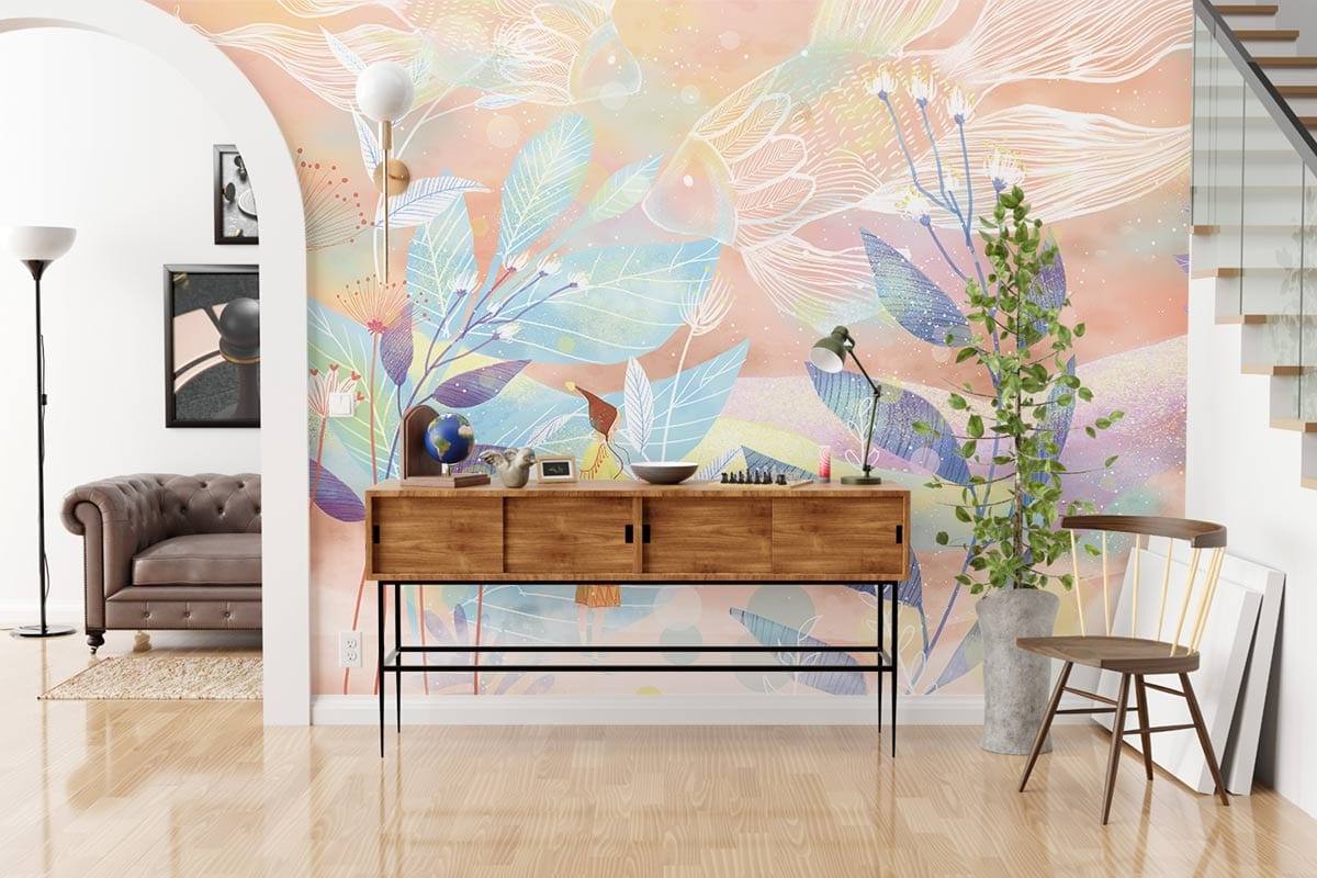 Whimsical wallpaper in pastel hues, mid-century console, brown armchair, wooden flooring, children's room decor.