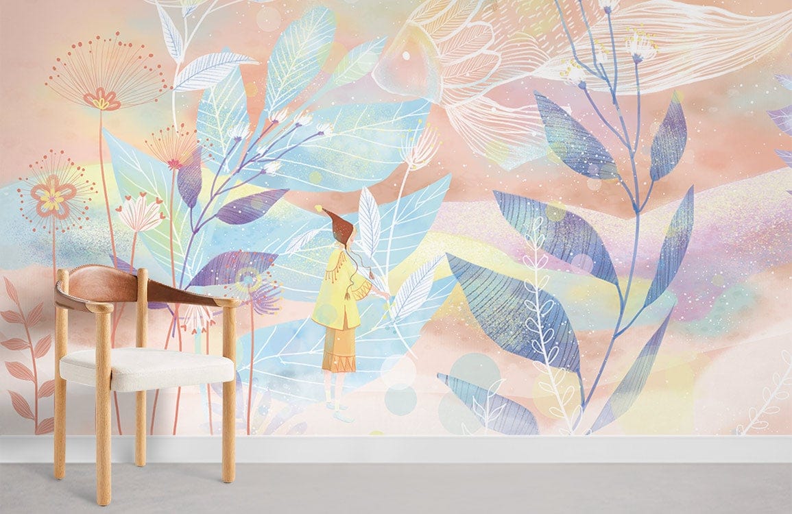 Dreamy pastel wallpaper in kids room; light wood chair, whimsical nature scene. Enchanting decor.