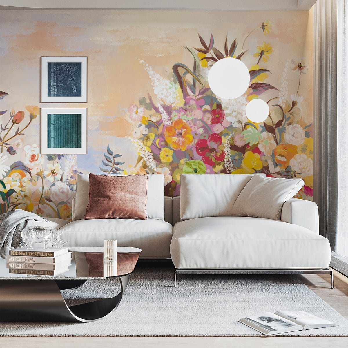 Elegant living room with Colourful Floral Watercolour Mural Wallpaper, sleek white sofa, modern glass table.