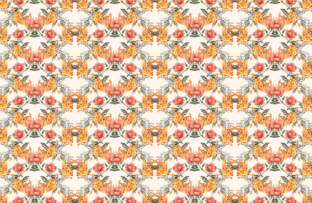 Vintage Floral Blossom Wallpaper - Orange, Pink, and Green Botanical Elegance