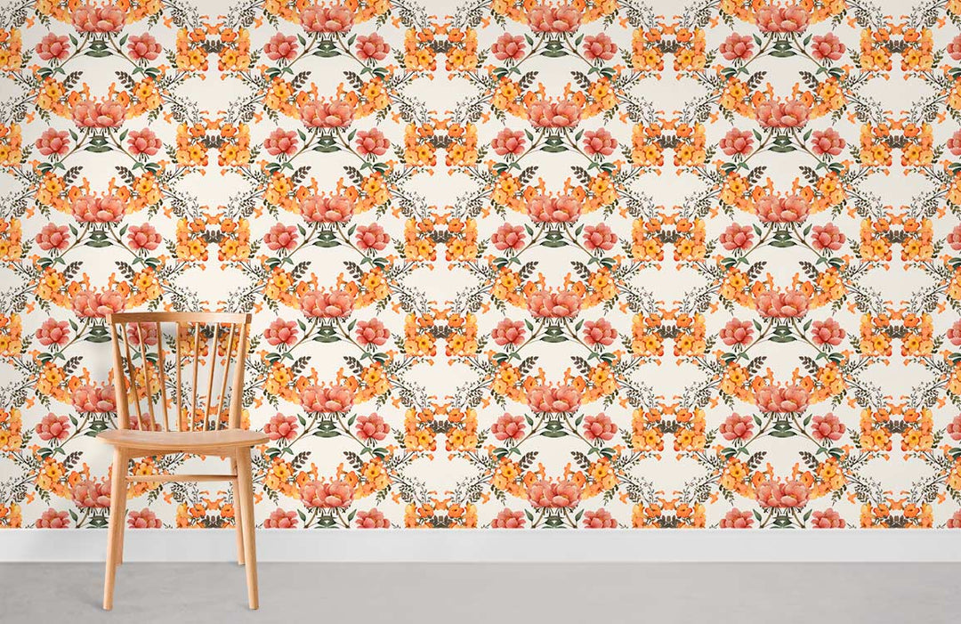Vintage floral wallpaper in orange, pink, green with wooden chair, white skirting, and grey flooring.
