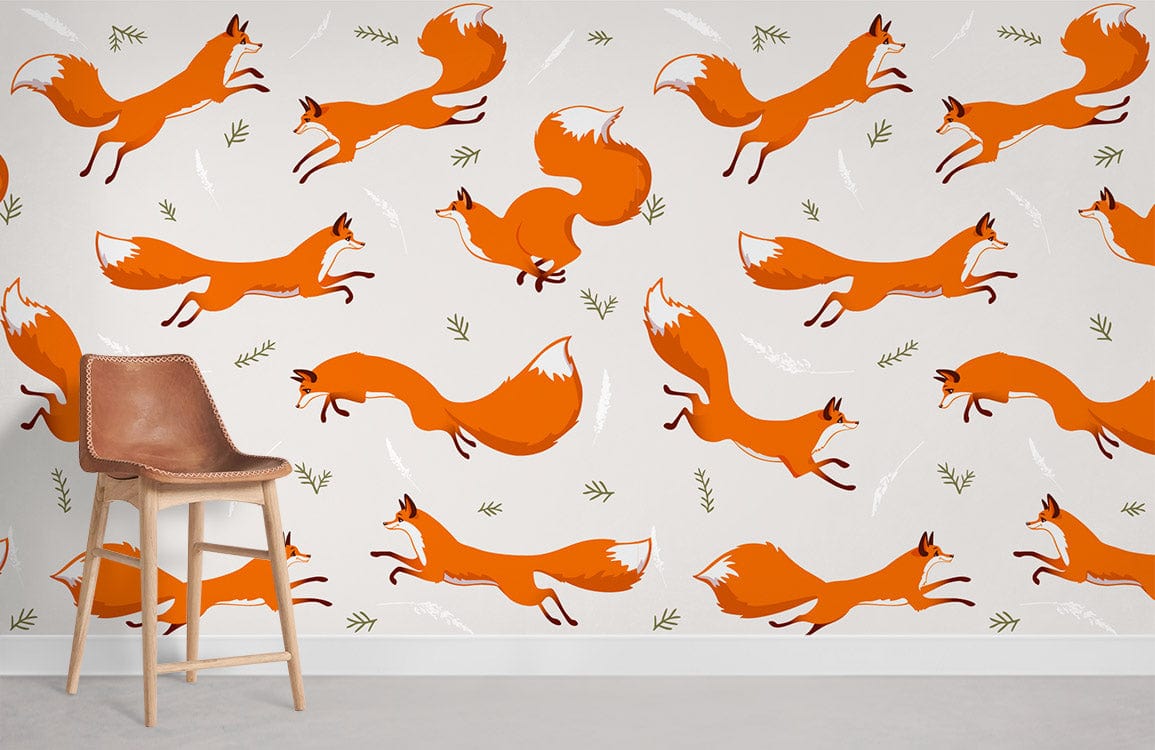 Playful fox pattern wallpaper, vibrant orange, cream background, brown stool, modern style room.