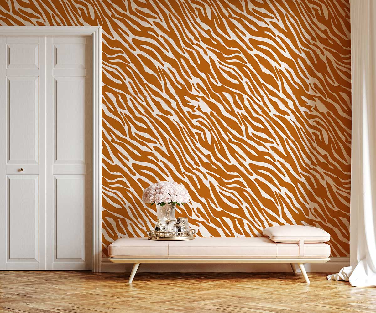 Elegant brown zebra print wallpaper with stylish zebra pattern, light wood flooring, and beige bench.