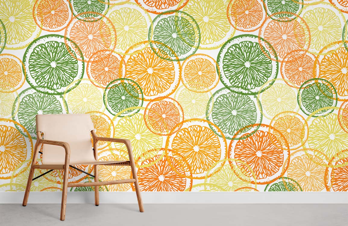 Alt text: Vibrant citrus fruit slice wallpaper with wooden chair, neutral flooring, modern decor style. Fresh design.