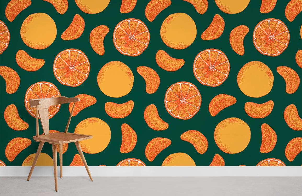 Vibrant citrus patterned wallpaper in modern room with wooden chair and grey flooring. Stylish interior design.