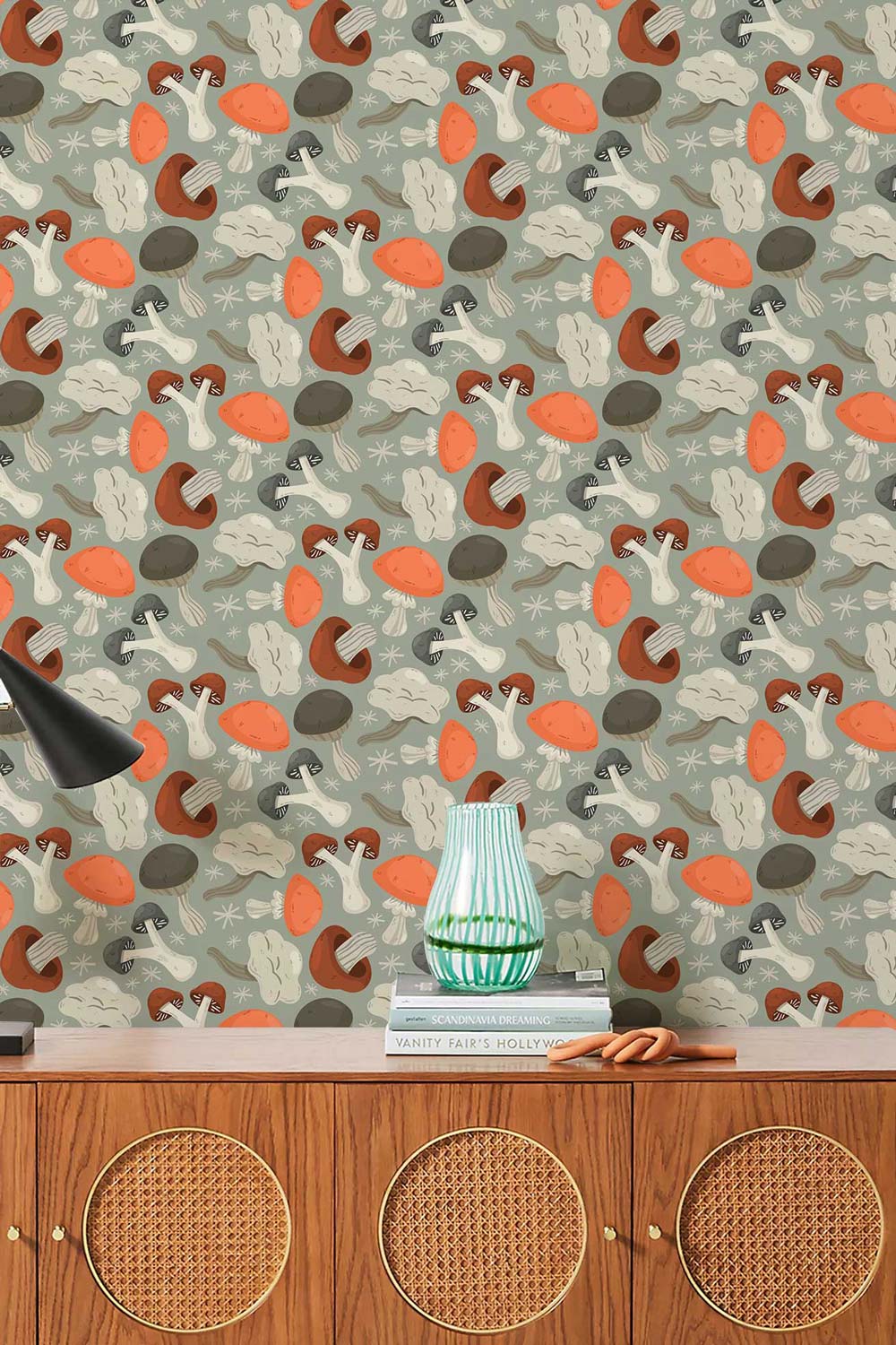 Vintage Mushroom Motif Wallpaper in earthy tones, wooden sideboard, rustic room decor, colourful mushrooms.