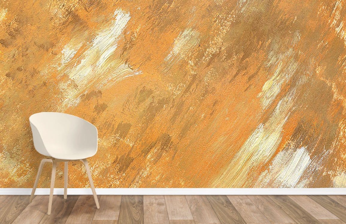 Golden brushstroke textured wallpaper, warm earthy tones, white chair, wooden flooring, dimension available.