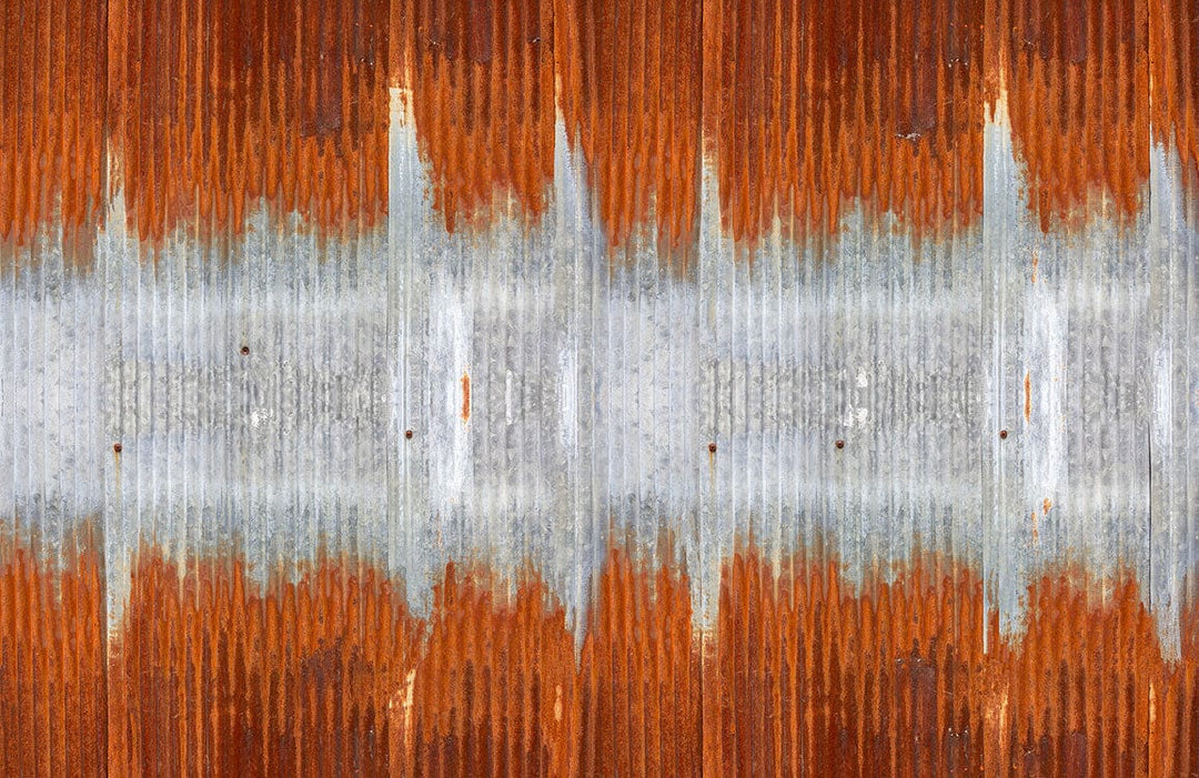 Rustic Industrial Corrugated Metal Pattern Wallpaper in Orange and Grey Hues