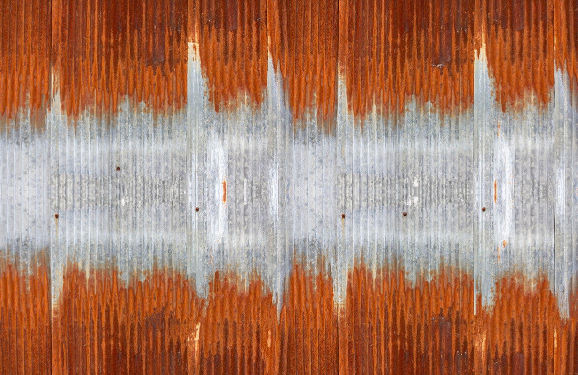 Rustic Industrial Corrugated Metal Pattern Wallpaper in Orange and Grey Hues