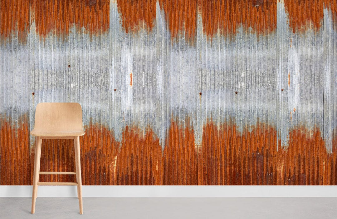 Rustic industrial wallpaper with corrugated metal pattern in orange, grey hues and wooden chair.