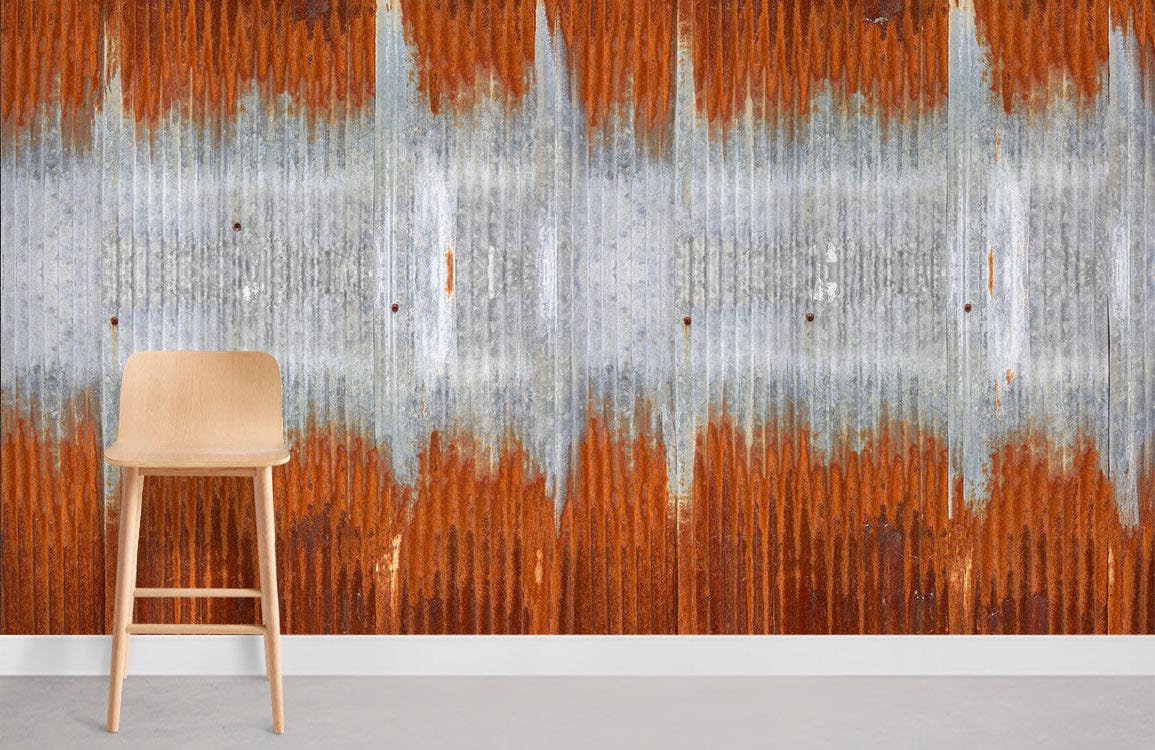 Rustic industrial wallpaper with corrugated metal pattern in orange, grey hues and wooden chair.