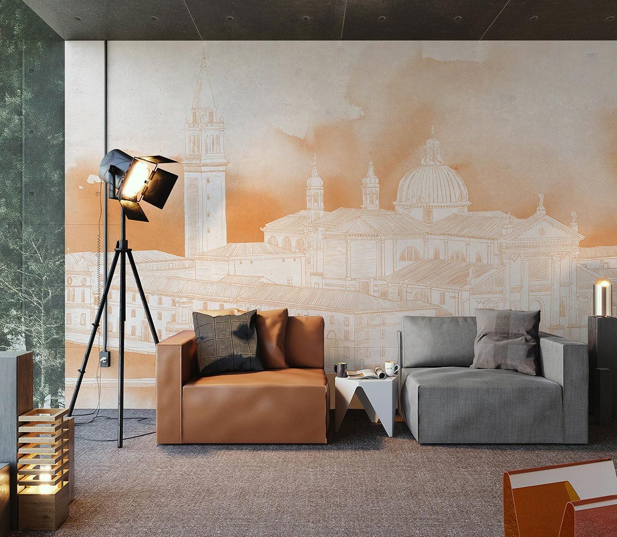 Venetian Sunset Mural Wallpaper in lounge with terracotta sofa, grey armchair, and soft carpeting.