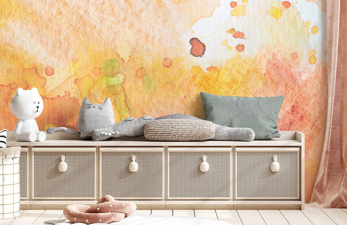 Warm Watercolour Abstract Wallpaper, orange-yellow mural; wooden bench with cushions; light wood flooring.