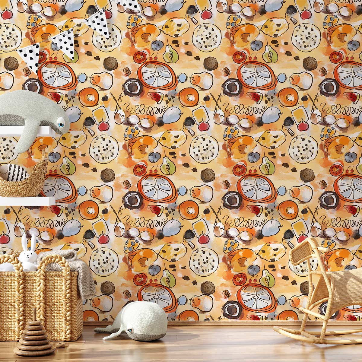 Vibrant orange kitchen wallpaper decor with citrus pattern, wooden floor, and woven baskets in room.