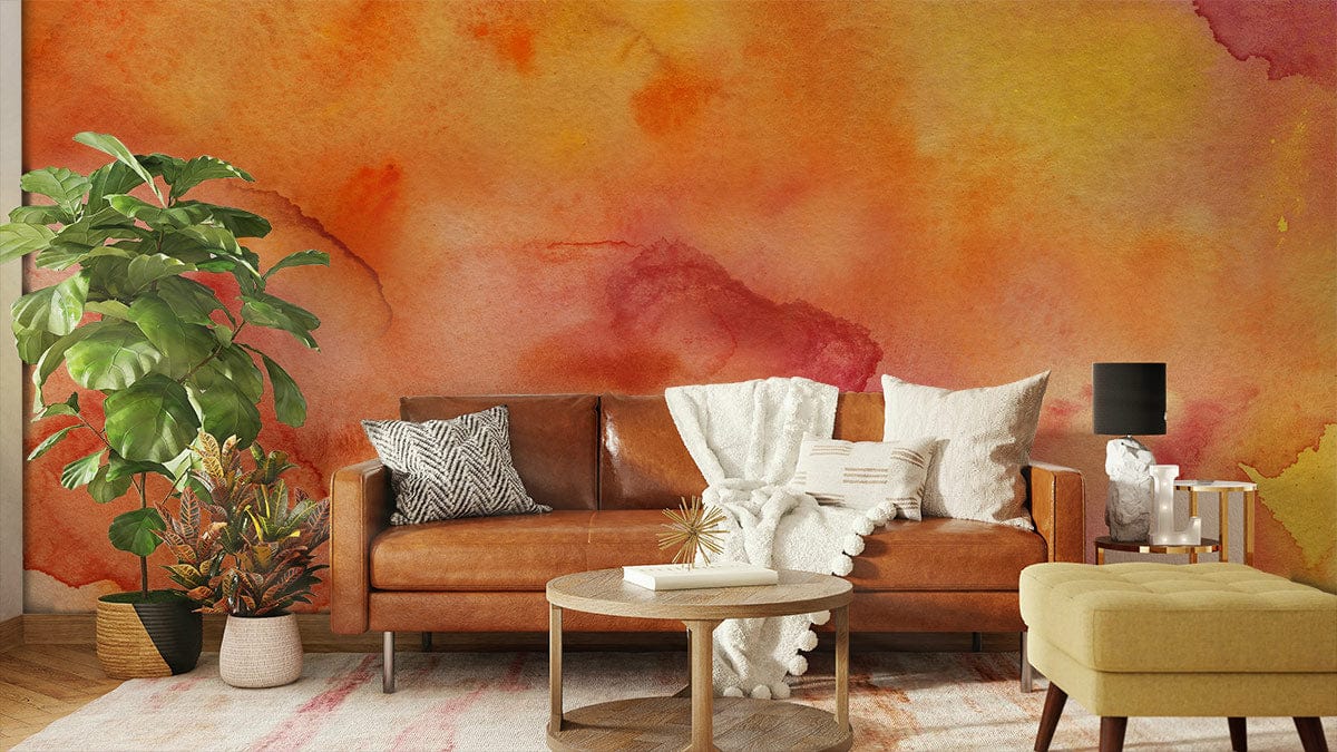 Vibrant watercolour mural wallpaper, leather sofa, warm tones, yellow ottoman, minimal coffee table, wooden flooring.