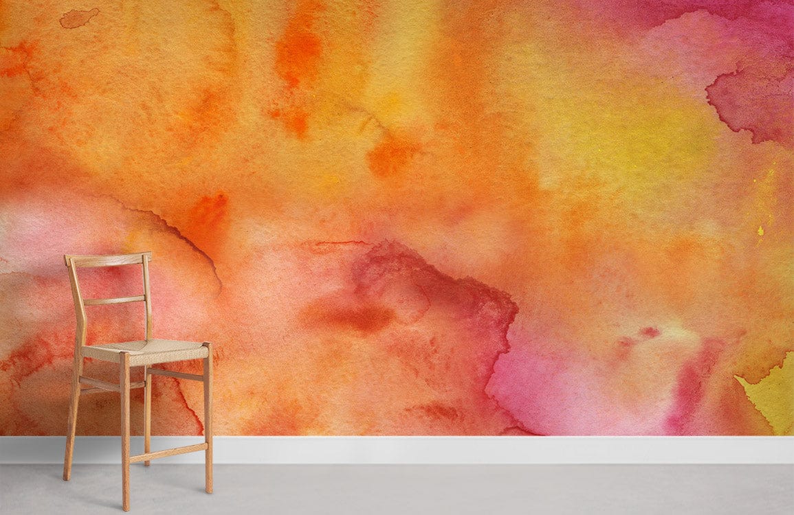 Vibrant Watercolour Blend Mural Wallpaper, warm sunset hues, wooden chair, minimalist room, grey flooring.