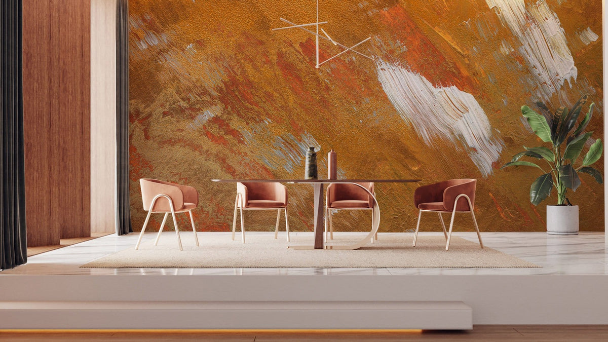 Abstract Autumn Brushstroke Mural Wallpaper in dining room with warm tones, modern chairs, and glass table.