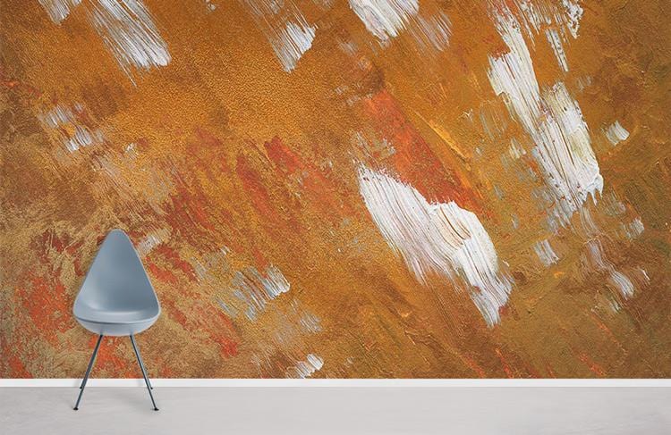 Abstract Autumn Brushstroke Mural Wallpaper, warm earthy tones, modern chair, minimalist style.