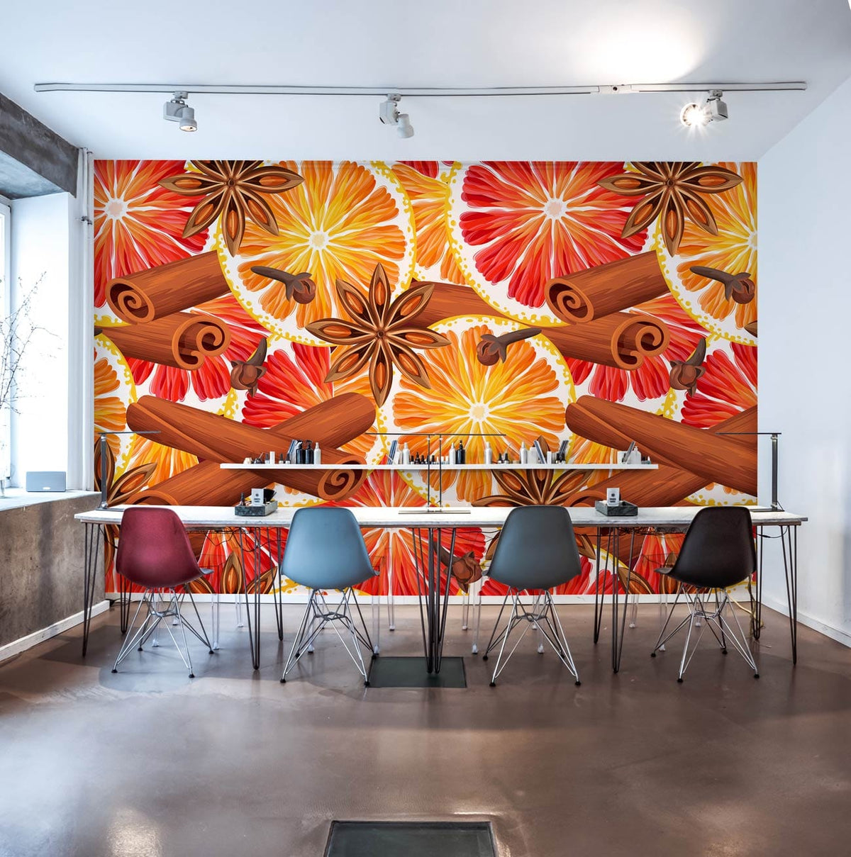Spiced Citrus Delight wallpaper with cinnamon pattern in modern dining room, colourful chairs, sleek lighting.