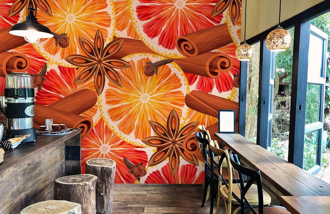 Spiced Citrus Delight Autumn Wallpaper with warm orange and cinnamon in rustic cafe with wooden decor.