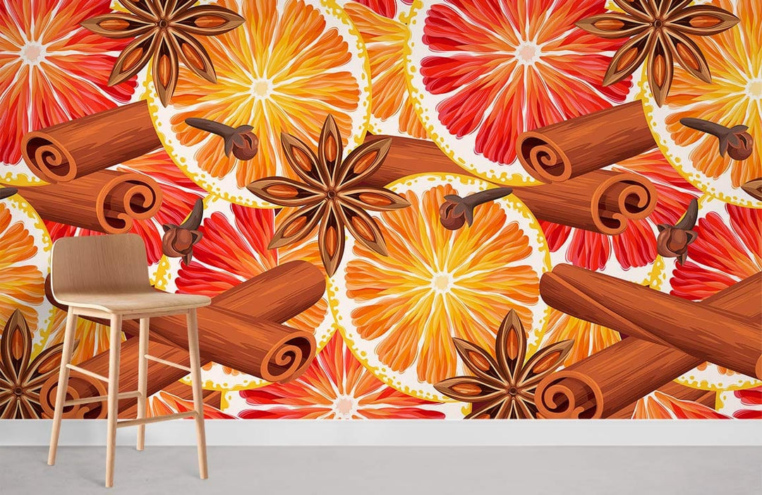 Spiced Citrus Delight wallpaper featuring cinnamon, vibrant pattern, wooden chair, light grey flooring, autumn theme.