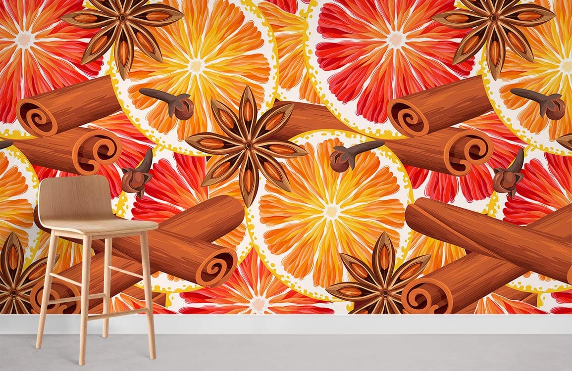 Spiced Citrus Delight wallpaper featuring cinnamon, vibrant pattern, wooden chair, light grey flooring, autumn theme.