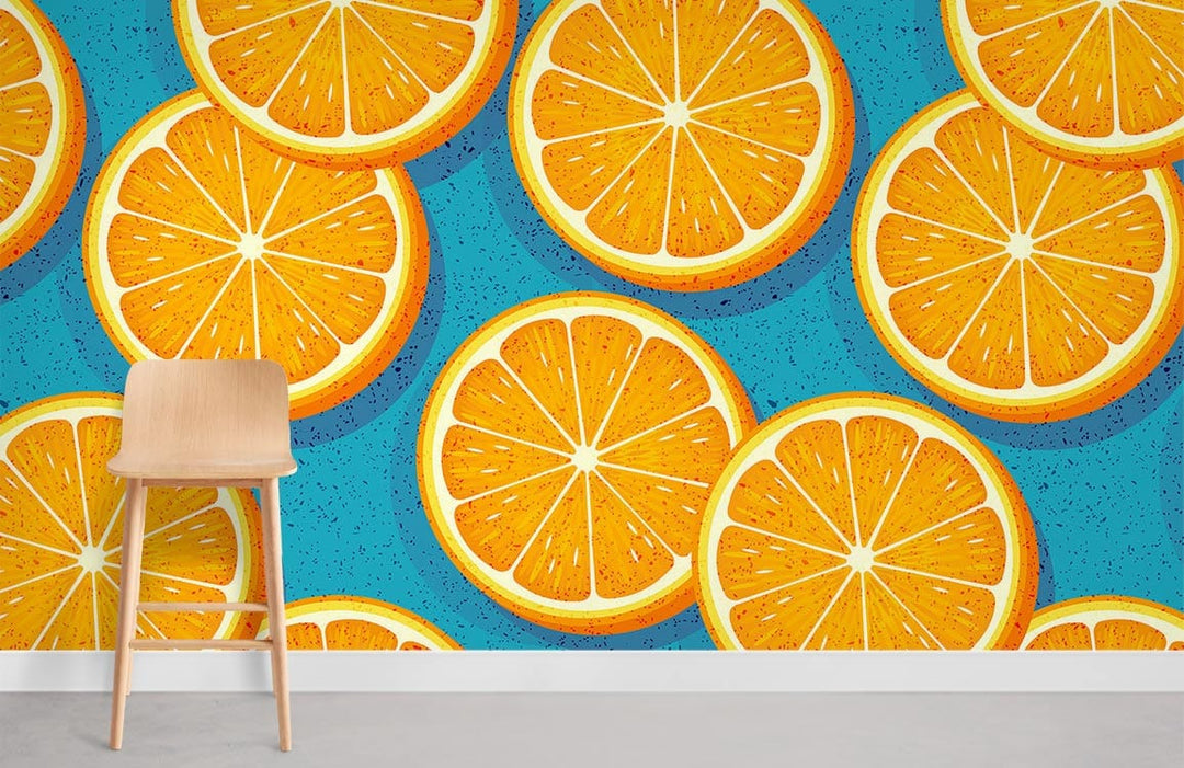 Tropical Orange Slice Wallpaper, vibrant blue citrus design, wooden chair, grey flooring, modern decor.