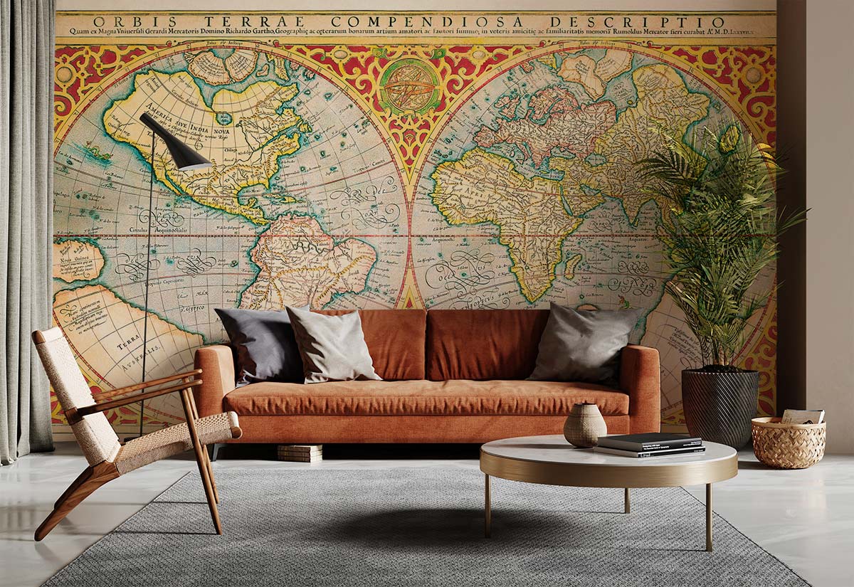 Vintage World Map Mural Wallpaper, Antique Gold and Red Tones, orange sofa, minimalist coffee table, grey rug.