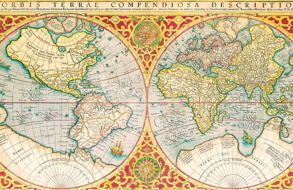 Vintage World Map Mural Wallpaper in Antique Gold and Red Tones