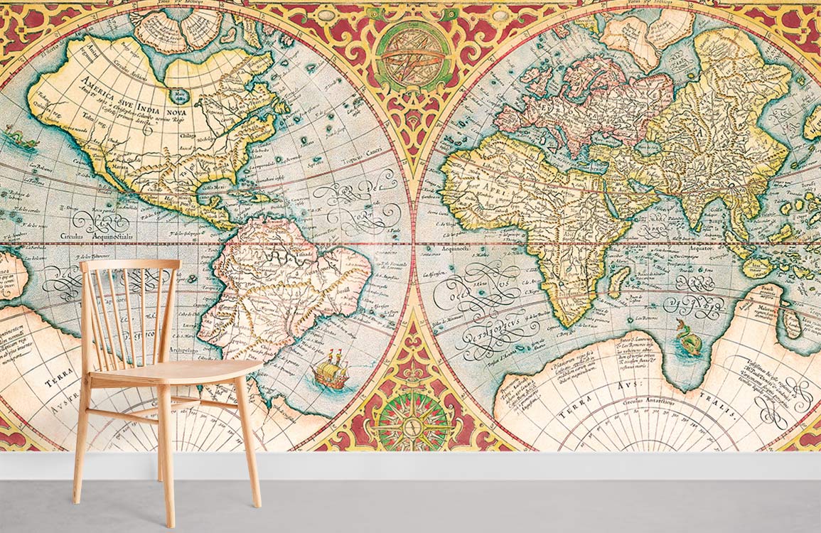 Vintage World Map Mural Wallpaper, antique gold and red tones, wooden chair, light grey flooring.