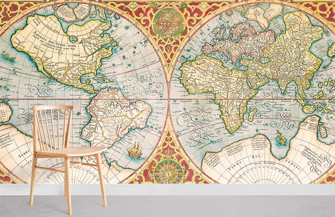 Vintage World Map Mural Wallpaper, antique gold and red tones, wooden chair, light grey flooring.