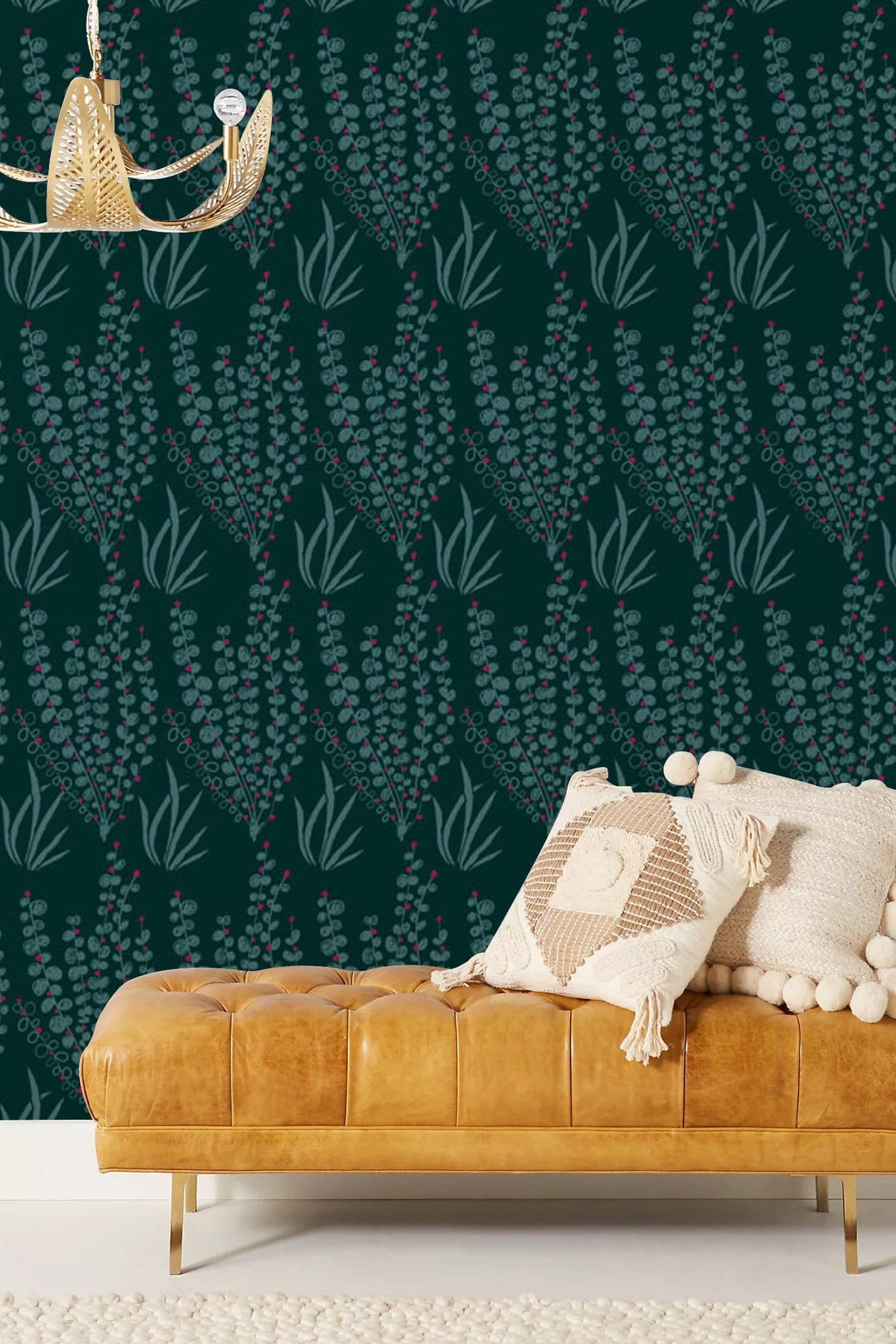 Elegant dark floral wallpaper mural with leather sofa, woven chandelier, and soft beige rug in lounge.