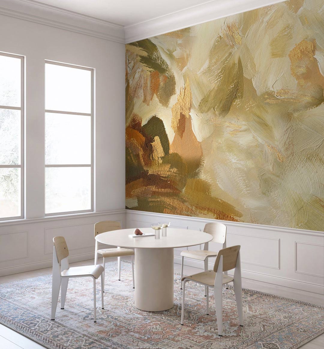 Elegant Earth Tones Abstract Wallpaper in dining room, round table, modern chairs, patterned rug.