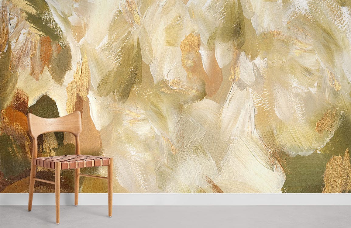Elegant Earth Tones Abstract Brushstroke Pattern Wallpaper in modern room with wooden chair and grey flooring.