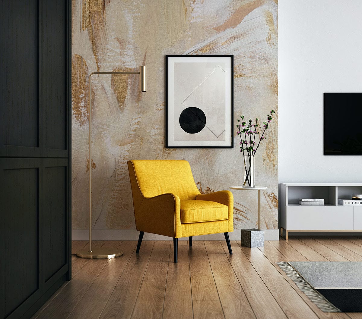 Yellow armchair with Abstract Brushstroke Beige and Gold Textured Wallpaper, light wood flooring, modern interior.