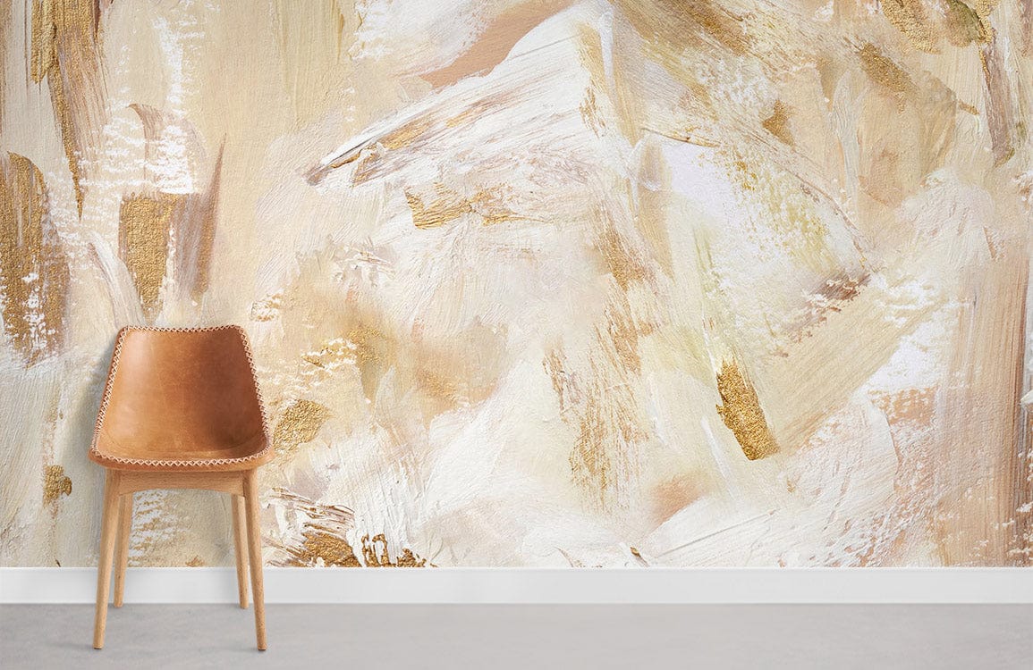Abstract Brushstroke beige and gold textured wallpaper with brown chair, concrete flooring, elegant interior design.