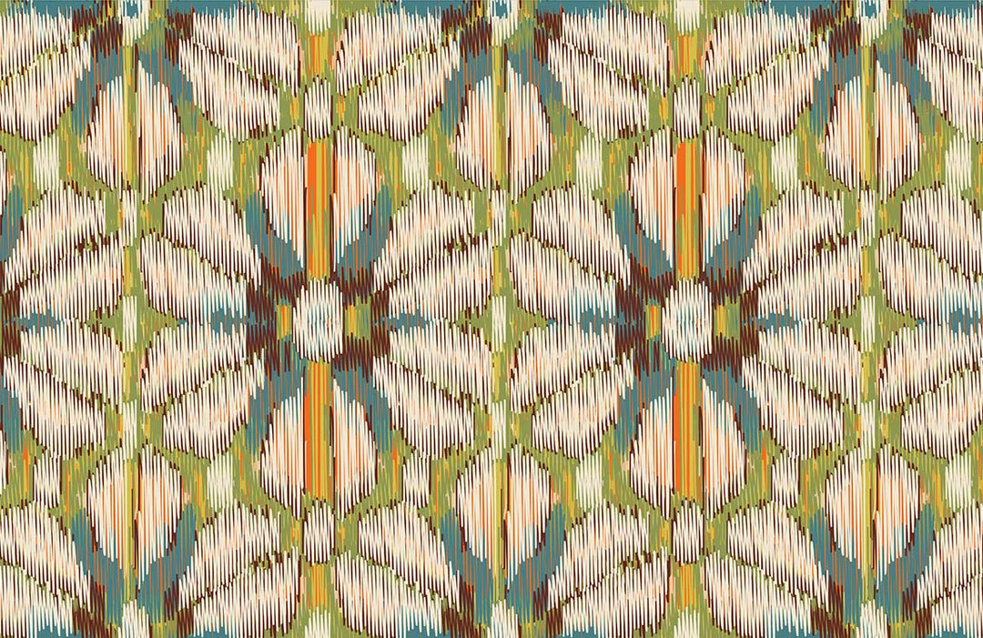 Vibrant Geometric Ikat Pattern Wallpaper in Earthy Greens and Blues