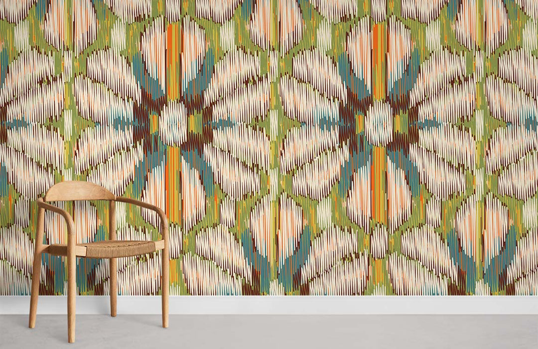 Vibrant geometric Ikat wallpaper in earthy greens and blues with wooden chair, grey flooring.