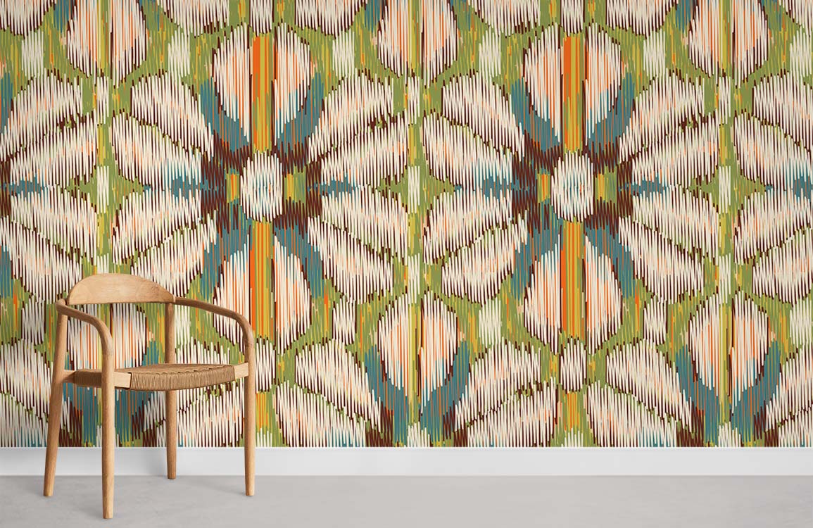 Vibrant geometric Ikat wallpaper in earthy greens and blues with wooden chair, grey flooring.