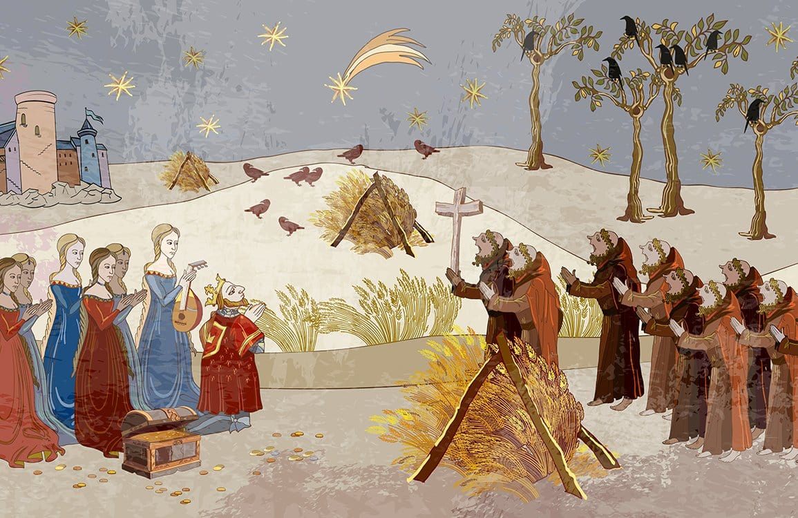 Medieval Tapestry Inspired Scenic Mural Wallpaper in Earthy Tones