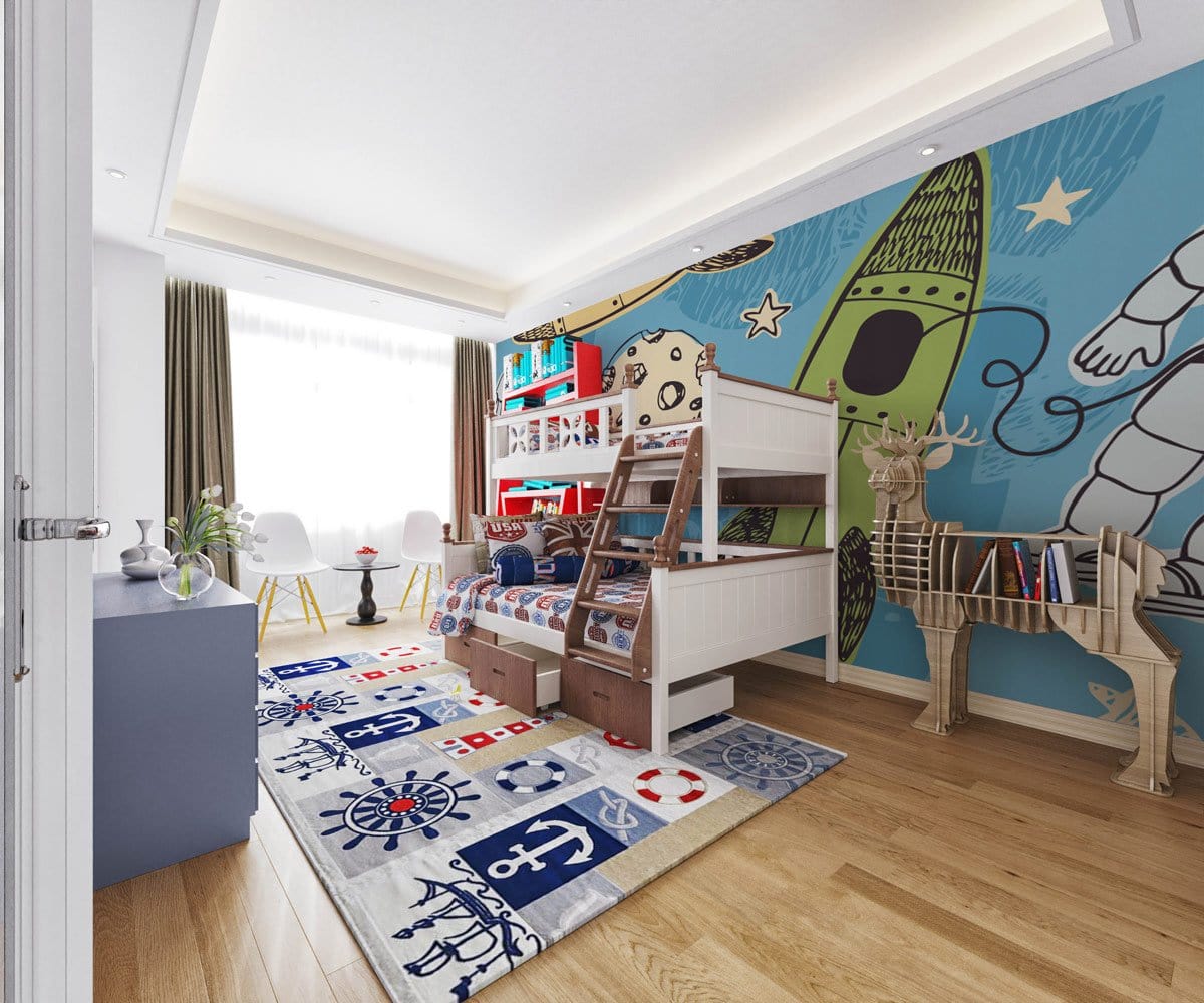 Kids' room with blue space adventure wallpaper mural, featuring planets and rockets, colourful rugs, and wooden flooring.