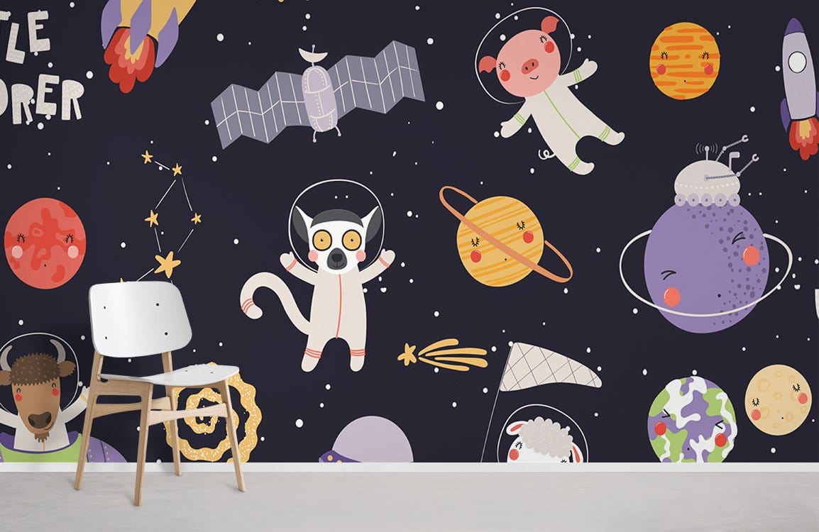 Children's Cosmic Adventure Space Mural Wallpaper with a playful design, white chair, and light flooring.