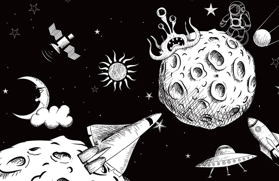 Black and White Cosmic Adventure Kids' Space Theme Mural Wallpaper Pattern