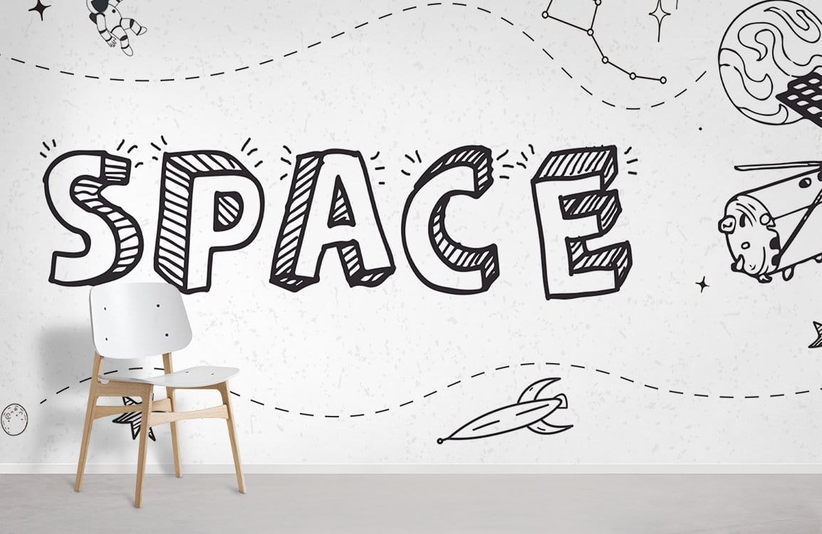 Monochrome space-themed children's wallpaper mural, featuring chair, adds whimsy to bedroom decor.